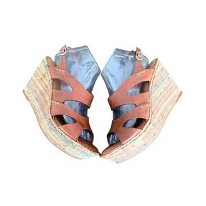 Born Womens Tan Leather Bulena Multi Strap Cork Platform Wedge Sandals Size 8